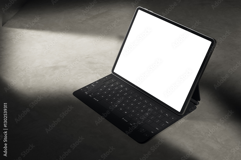 Poster tablet with keyboard mockup on dark background. 3d rendering