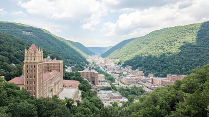 Scenic View of Mountain Valley and Historic Building with Clouds