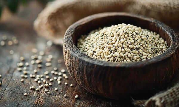 hemp seeds in a rustic wooden bowl video
