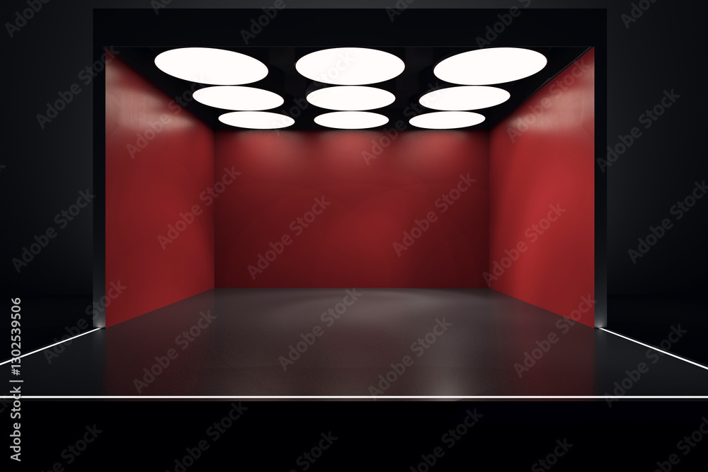 Aufkleber modern stage with red walls and circular ceiling lights in a dark interior. 3d rendering