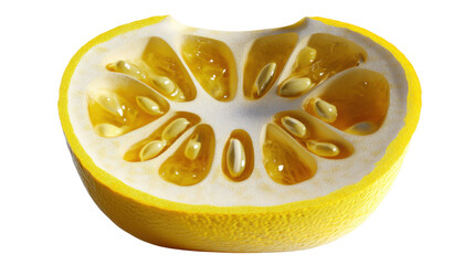 "A close-up of a cut lemon, showing the juicy pulp and seeds, isolated on a transparent background with clear details of its inner texture and vibrant yellow hue