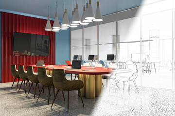 Modern conference room with sketch design transition. 3D Rendering