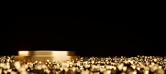 Golden podium with glowing triangular particles on black background. 3D Rendering