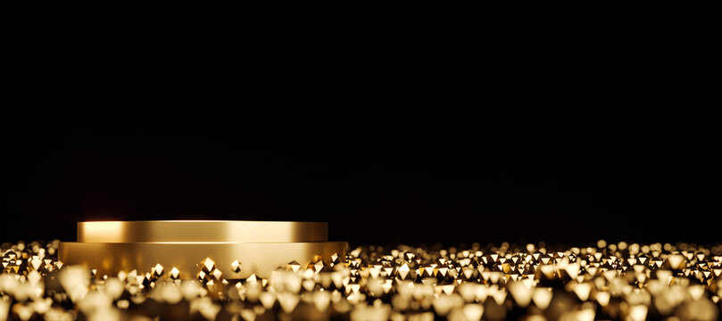 Golden podium with glowing triangular particles on black background. 3D Rendering