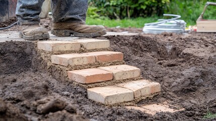 Bricklaying process in progress, showcasing perfectly aligned bricks with smooth mortar joints.