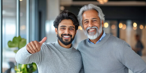 two happy man standing together at office