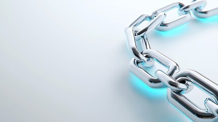 Obraz premium Close-up of a metal chain with blue glow on a light background symbolizing technology and connection.