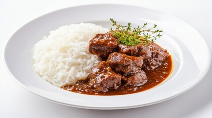 Artfully plated dish of plain rice with tender beef chunks in rich rendang sauce on a white plate