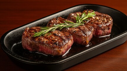 Succulent grilled steaks garnished with fresh rosemary served on a sizzling platter in a cozy restaurant
