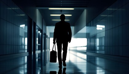 A silhouette of a person in a suit walking down a dimly lit corridor, holding a briefcase. The hallway features modern architecture with reflections on the floor and soft lighting in the background.