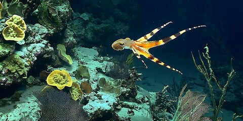 Marvelous Mimic Octopus Swimming Gracefully Over Coral Reef with Striking Coloration