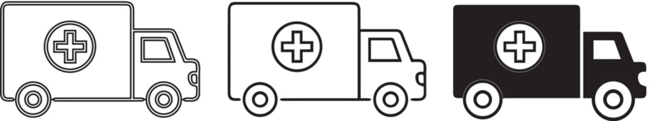 Ambulance icons, simple line drawings, side view, medical vehicles, black and white illustrations, minimalist design, emergency transport, healthcare symbols, linear graphic style, simplified shapes,