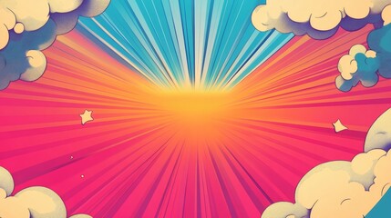 Vibrant Sunburst with Colorful Rays and Soft Clouds in Sky