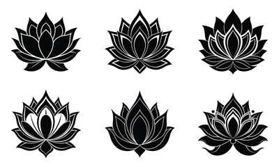 Set of black and white flowers. Set of lotus flower. Lotus Silhouette. Lotus Silhouette tattoo. Lotus vector silhouette for Tattoo.