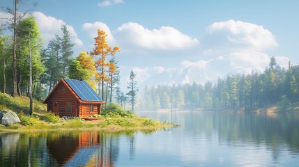 Fototapeta premium Cabin at Lakeside With Solar Power and Distant Mountains. Use eco friendly travel