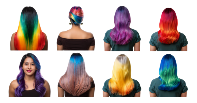 Vibrant Hair Color Styles Displayed on Diverse Models from the Back, Bundle Set Collection, Isolated on Transparent Background