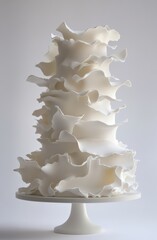 A luxurious multi-tiered wedding cake adorned with delicate, handcrafted sugar ruffles, creating a modern and sophisticated artistic design.