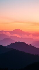 Naklejka premium A High-Resolution Wallpaper Depicting A Serene Landscape Featuring A Misty Mountain Range At Sunrise, Rendered In Vibrant Hues Of Orange, Pink, And Purple, With A Soft Focus Effect F.