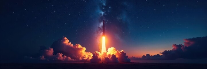 Dark silhouetted rocket against bright starry night sky, launch, rocket, atmosphere