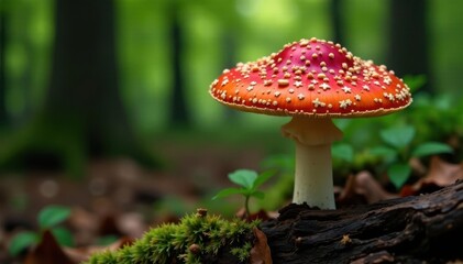 Fly agaric mushroom growing on decaying wood in forest, wild edibles, woodland fungi