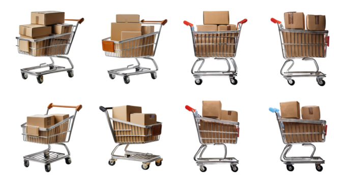 Collection of Shopping Carts Filled with Boxes for Delivery Services, Bundle Set Collection, Isolated on Transparent Background