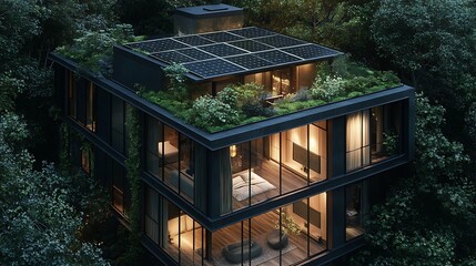 Eco-House with Solar & Garden Roof in Forest. Sustainable Living. Architecture Use