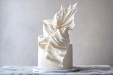 A modern wedding cake featuring delicate, flowing sugar ruffles with a sculptural design, set against a neutral background for an elegant aesthetic.