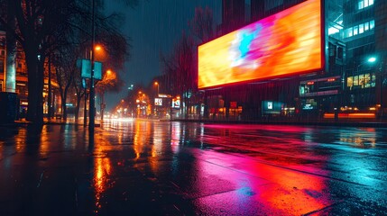 Obraz premium Cityscape in the Rain: Neon lights reflect on a wet street. A vibrant billboard illuminates the cityscape and creates a scene of captivating urban beauty.