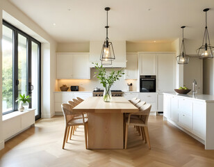 A modern kitchen with soft beige cabinetry, Wooden dining table and chairs.