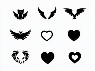 Black silhouettes of wings, birds, and hearts