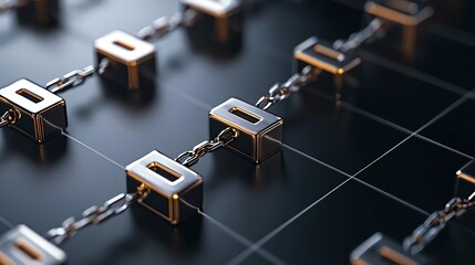 Digital blockchain concept with interconnected links on dark background, representing secure data transfer.
