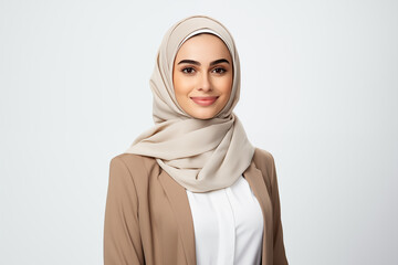 Arab businesswoman on white background – Professional Muslim woman in hijab, corporate attire, and leadership role – Perfect for business, entrepreneurship, finance, marketing, and modern workplace