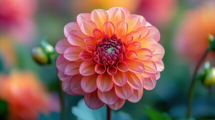 Close-up of a peach and coral dahlia flower in bloom.