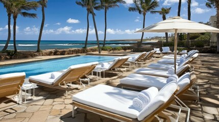 Serene Poolside Oasis with Beach View and Relaxing Sun Loungers