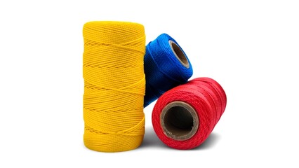 Photo featuring three vibrant plastic ropes in yellow, blue, and red, isolated on white background
