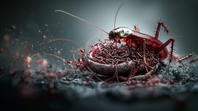 Invasive parasites the life cycle of parasitic worms and cockroaches dark microenvironment macro photography
