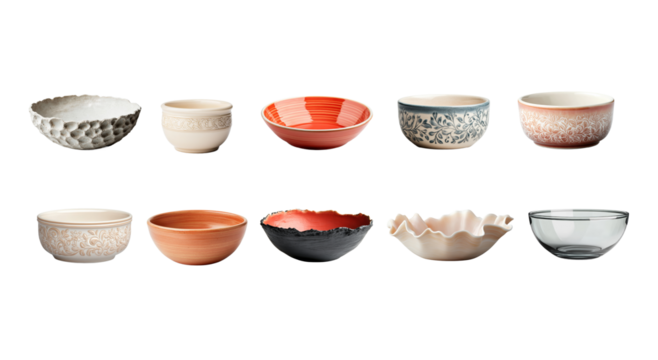 Colorful collection of bowls displayed in a row