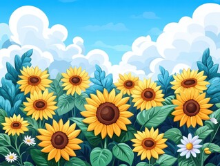 Obraz premium A vibrant field of sunflowers under a bright blue sky with fluffy clouds