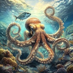 Fototapeta premium Underwater Scene: An Octopus Gliding Through the Ocean with a Fish Prey and Friends Above