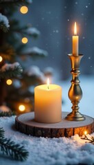 Gold candle holder on a snowy table or surface, table, winter wonderland