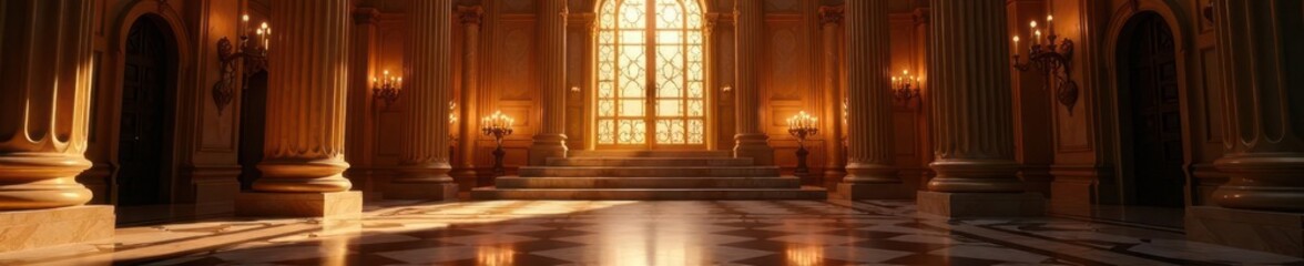 Obraz premium Grand hall's golden door creaks open to reveal a majestic staircase, Majestic, Elegant