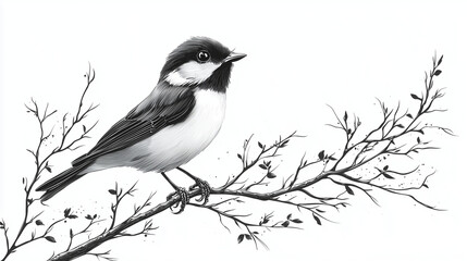 Fototapeta premium small bird on a branch against a white background - simple and elegant minimalist illustration, perfect for nature-themed designs, branding, greeting cards