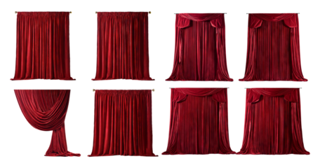 Elegant Red Curtains Collection for Stage and Theater Design, Bundle Set Collection, Isolated on Transparent Background