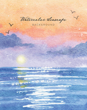 Seascape Sunset Watercolor Background Wedding Invitation
