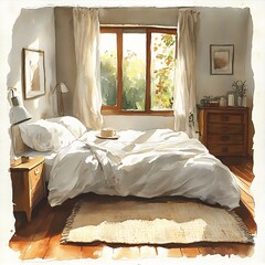 Sunny Bedroom Watercolor Painting Serene Morning Light
