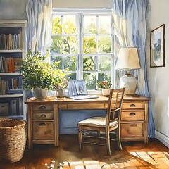 Sunny Study Room with Wooden Desk and Chair