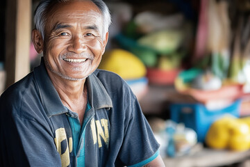 Fototapeta premium Smiling elderly man with gray hair sits at local market stall surrounded by fresh produce in a vibrant village setting