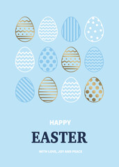 Easter greeting card with golden eggs in geometric pattern. Minimal design. Vector illustration