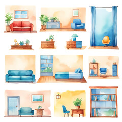 Watercolor Interior Design Collection with Furniture and Home Decor Elements