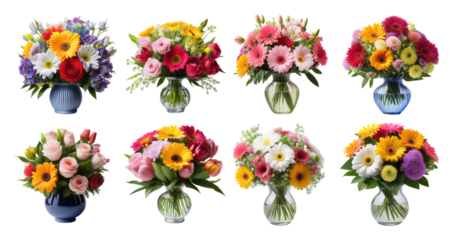 Colorful Flower Arrangements in Various Vases for Decoration, PNG bundle collection, Isolated on Transparent Background